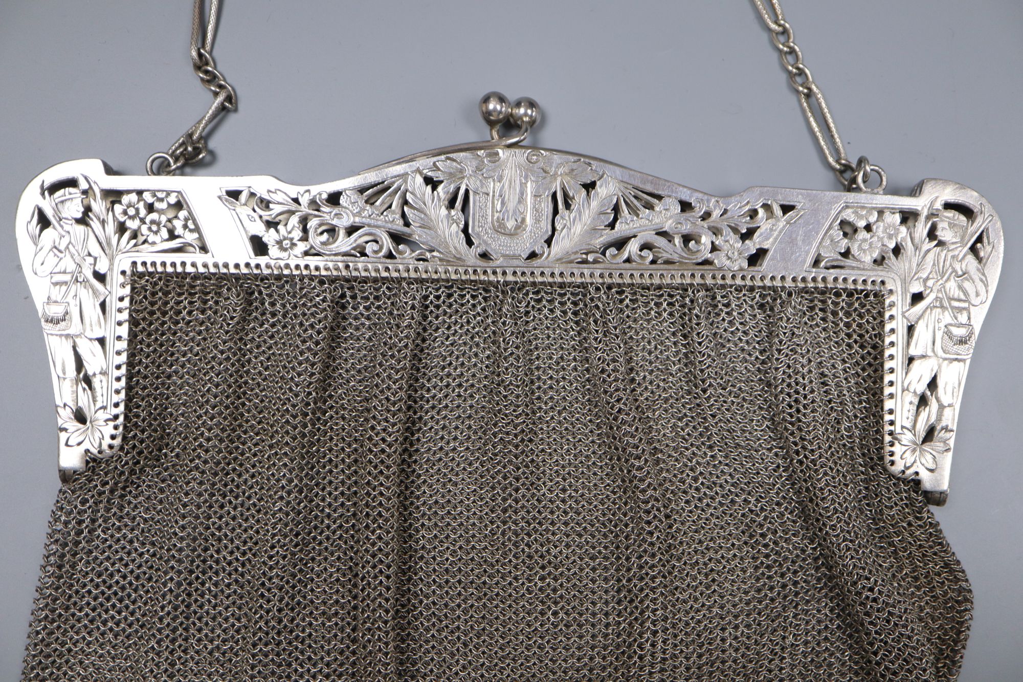 A sterling evening bag, the clasp engraved with a confederate soldier, gross 8oz.
